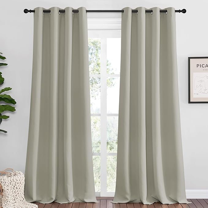 NICETOWN Natural Blackout Curtains Panels for Bedroom, 2 Panels, 52 x 92 Inch, 3 Pass Microfiber Noise Reducing Thermal Insulated Solid Ring Top Blackout Window Drapes