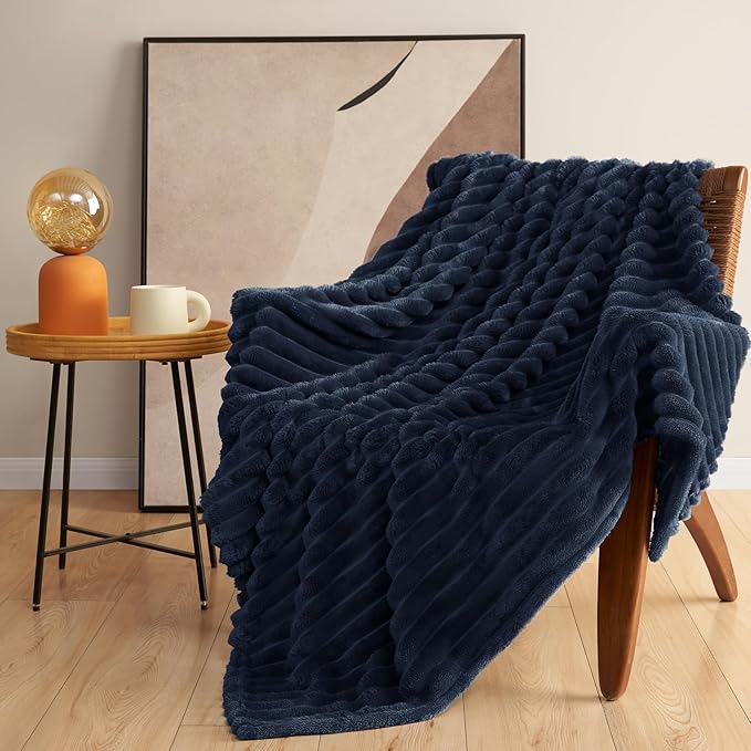 HIMEET Navy Blue Ribbed King Size Blanket for Bed - 300GSM Lightweight Fleece Blanket for Men Women, Large Cozy Sofa Couch Bed Blankets Gifts, Striped Spring Home Room Decor, Navy Blue, 108x90 Inches