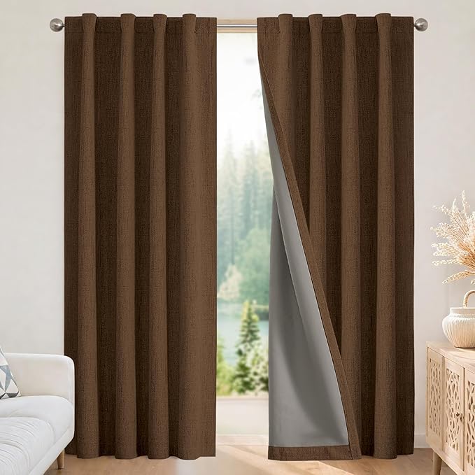 Joydeco Blackout Curtains for Bedroom - 100% Light Blocking 2 Panels Cappuccino Drapes 37" W x 90" L, Thermal Insulated Room Darkening Curtains, Linen Textured for Living Room, Rod Pocket & Back Tabs