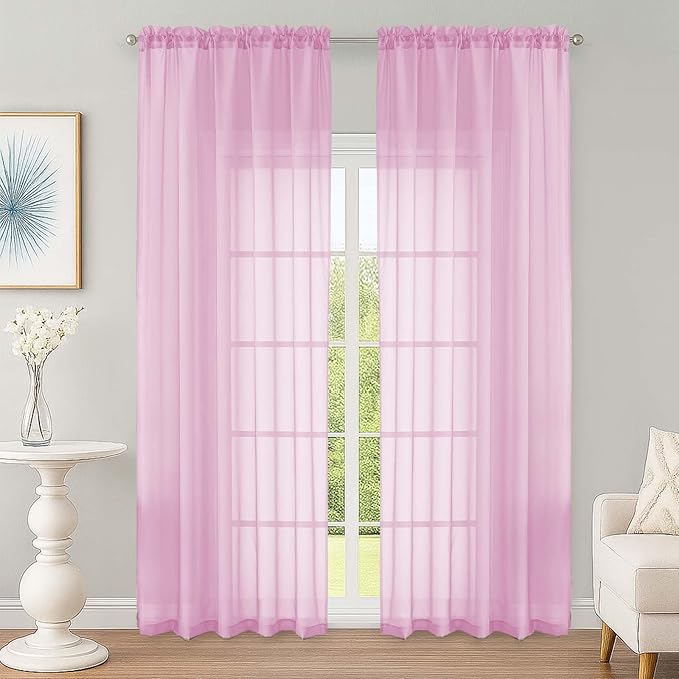 OWENIE Pink Sheer Curtain 90 Inches Long 2 Panels Set, Solid Filmy Drapes for Living Room Bedroom, Elegant Window Voile Sheer Curtain Panels Drapes, 2 Pcs, Each 59" Wx90 L Inch