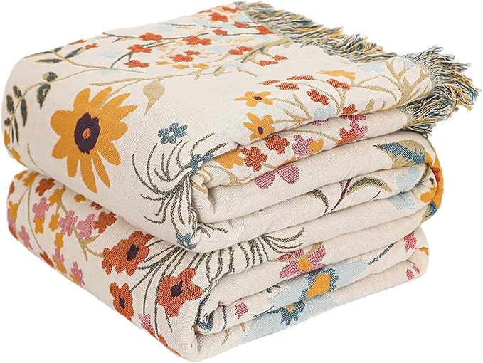 MSGKV Boho Throw Blanket for Bed 60"x80" Cotton Floral Twin Size Blanket Lightweight Farmhouse Muslin Spring Breathable Couch Blankets Home Decor All Seasons