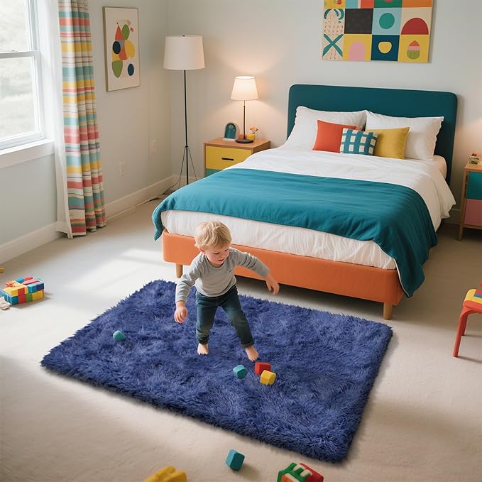 Shag Area Rug for Bedroom 3x5,Blue Fluffy Area Rugs for Living Room,Soft Fuzzy Rug Non-Shedding Indoor Plush Carpet for Kids Bedroom Nursery Dorm Home Decor