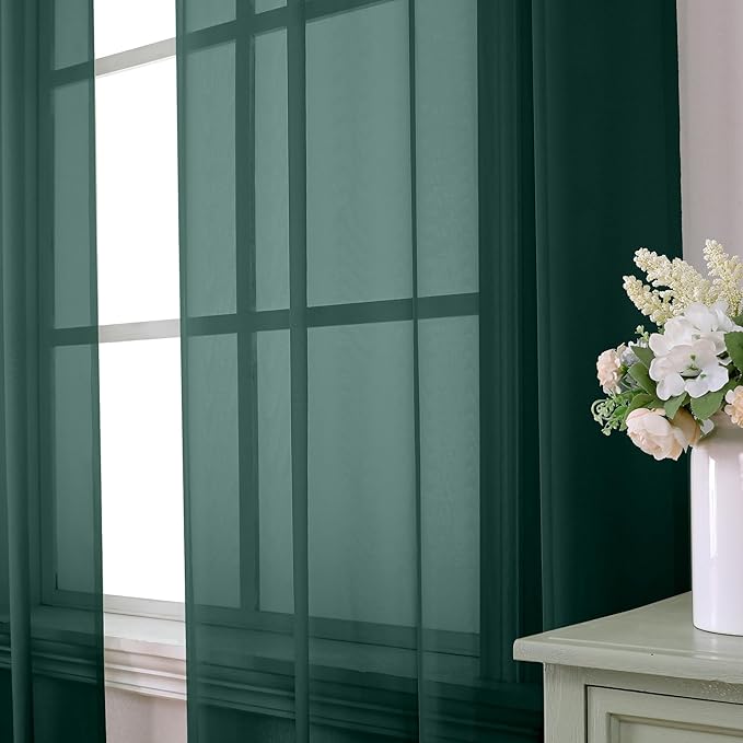 Aiyufeng Hunter Green Sheer Curtain Drapes 45 Inch Length 2 Panels for Living Room, Light Filtering Voile Green Drapes for Bedroom, Patio, Sliding Door, Each 42" W x 45" L