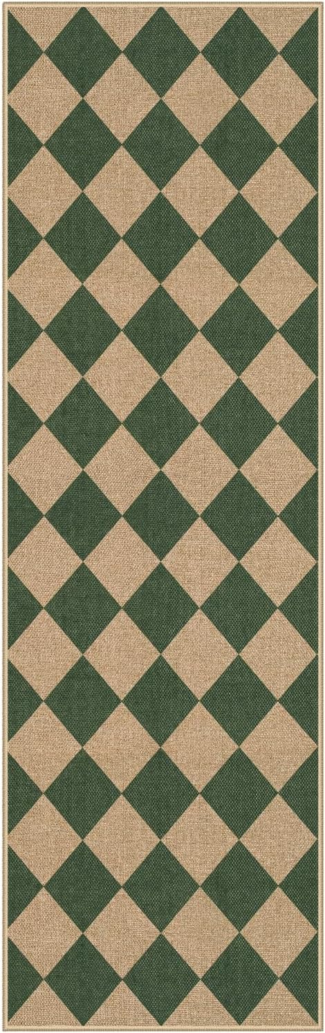 Lahome Colette Checkered Kitchen Runner, 2x8 Easy Jute Runner Rug for Hallway Entryway, Farmhouse Indoor Outdoor Non Slip Non Shedding Green Carpet for Laundry Bedroom Porch Corridor