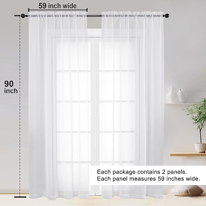 OWENIE White Sheer Curtain 90 Inches Long 2 Panels Set, Solid Filmy Drapes for Living Room Bedroom, Elegant Window Voile Sheer Curtain Panels Drapes, 2 Pcs, Each 59W x 90L Inch