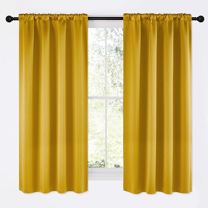 NICETOWN Gold Blackout Cafe Faux Silk Curtains for Small Windows, 42" Wide by 63" Long, 2 Panels, Rod Pocket Privacy Blackout Satin Drapes for Home Decoration