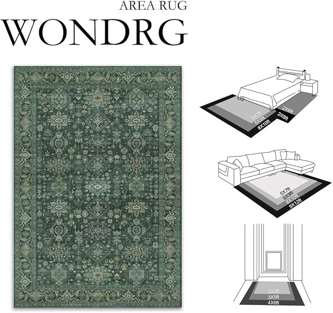 6x9 Washable Area Rug for Living Room Bedroom Vintage Green Carpet Soft Low Pile Traditional Retro Non Slip Throw Rug for Dining Room Entryway Indoor Dorm Kitchen