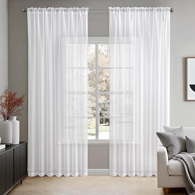 MIULEE 2 Panels Solid Color White Sheer Window Curtains Elegant Window Voile Panels/Draperies/Treatment for Bedroom Living Room (70 X 96 Inches White)