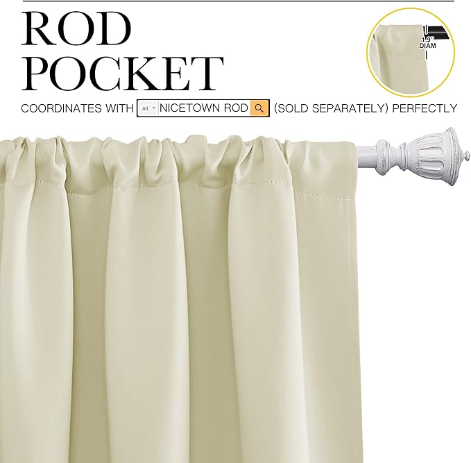 NICETOWN Living Room Curtains, Home Decorations Thermal Insulated Solid Rod Pocket Blackout Drapes for Cafe (Beige, One Pair, 52 x 72-inch)