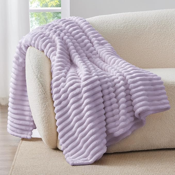 BEDELITE Fleece Throw Blanket for Couch - 300GSM Soft & Warm Fluffy Lavender Fog Blanket, Decorative and Giftable Striped Blankets for Women, Men, 50"x60"
