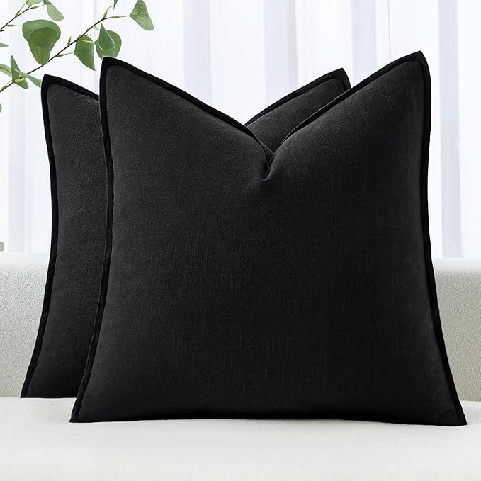 MIULEE Decorative Linen Euro Sham Pillow Covers 22x22 Inch Black Boho Farmhouse Neutral Couch Throw Pillows for Halloween Bed Pack of 2 Accent Modern Pillowcase Sofa Livingroom Home Decor