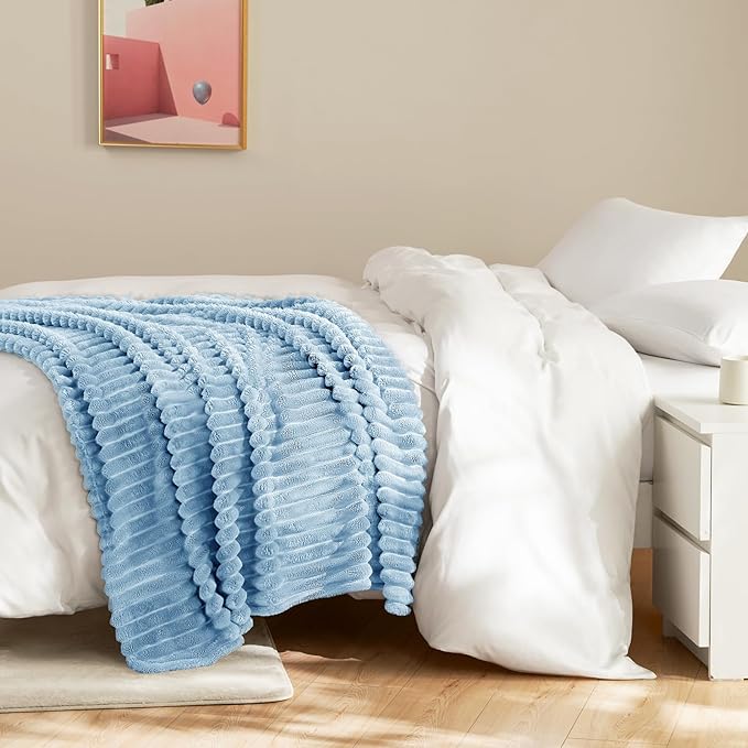 HIMEET Light Blue Ribbed Twin Blanket for Bed - 300GSM Lightweight Fleece Blanket for Men Women, Blankets Graduation Birthday Gifts, Striped Spring Home School Dorm Decor, Light Blue, 60x80 Inches