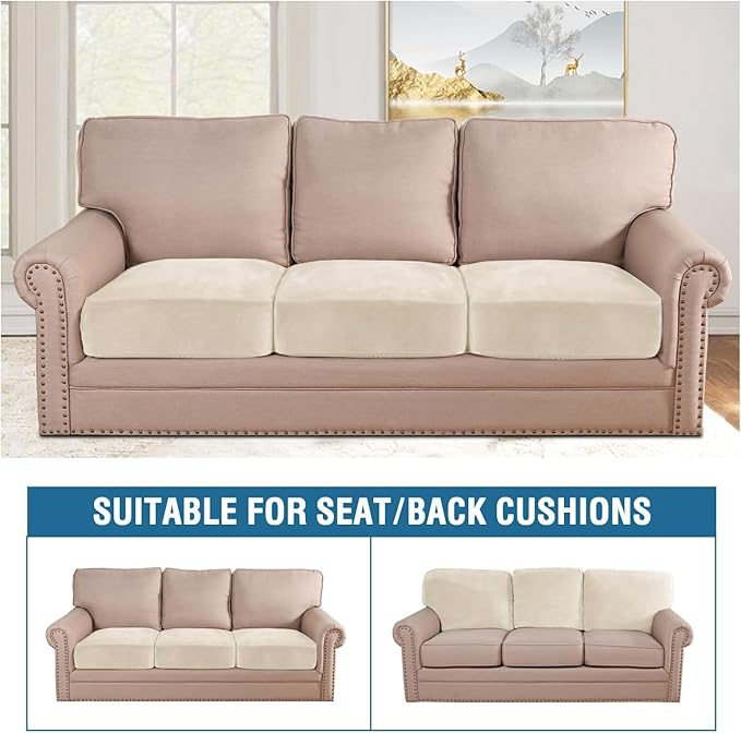 H.VERSAILTEX Velvet Stretch Couch Cushion Cover Plush Cushion Slipcover for Chair Loveseat Sofa Cushion Furniture Protector Seat Cushion Sofa Cover (3 Piece Sofa Cushion Covers, Cream)
