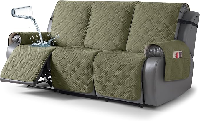 TAOCOCO 100% Waterproof Recliner Sofa Cover, Non Slip Split Couch Covers for Reclining Couches with Straps, Washable Reclining Sofa Cover Furniture Protector for Kids Pets(3 Seater, Green)