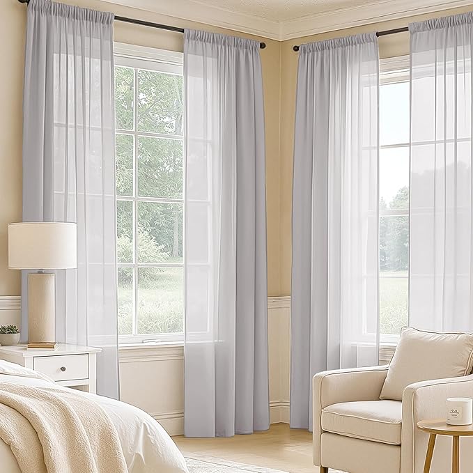 MIULEE Greyish Lilac Sheer Curtains 90 Inches Long, 4 Panels Set, Rod Pocket Light Filtering Window Drapes for Bedroom and Living Room, Elegant Airy Fabric, 42 x 90 Inches