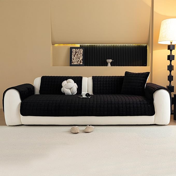 Velvet Couch Cover, Plush Sectional Sofa Cover Washable, Anti Slip Sofa Slipcover for Armrest & Backrest, Furniture Protector Covers for Pets & Kids(1PC, Black, 27.6"×27.6", Single Seater)