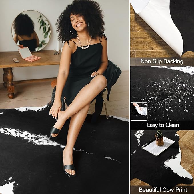 AROGAN Faux Cow Hide Rug, Premium Cow Print Rug Animal Area Rug for Western Boho Decor, Cowhide for Bedroom, Living Room, Cute Decor Black and White, 2.3 x 3.6 Feet