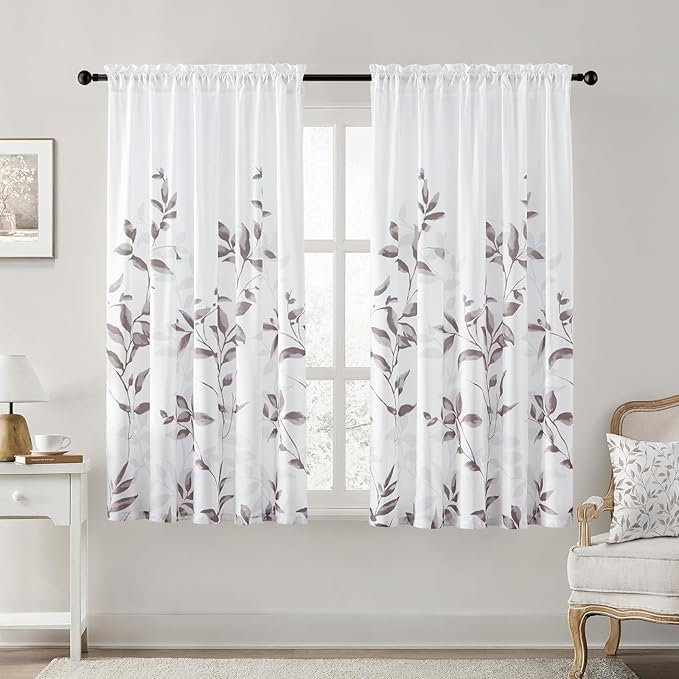 HOMEIDEAS Non-See-Through Dry Rose and White Privacy Sheer Curtains 52 X 63 Inch Length 2 Panels, Leaf Floral Printed Light Filtering Semi Sheer Window Curtains Drapes for Bedroom Living Room