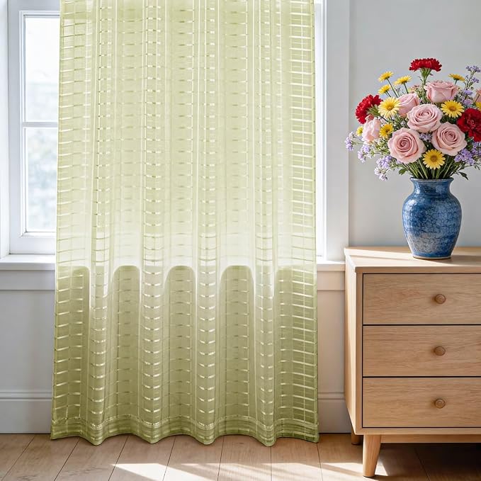 SpaceDresser Check Sheer Curtains 72 Inches 2 Panels Set, Rod Pocket Plaid Window Curtain for Living Room, Sage Green Semi Sheer Drapes for Kitchen Bedroom Children Room Yard（Sage Green, 52W x 72L）