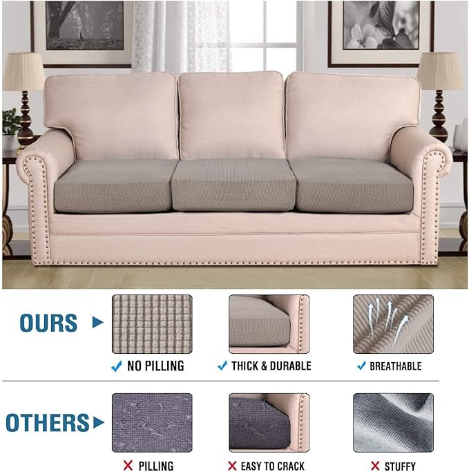 H.VERSAILTEX Super Stretch Individual Seat Cushion Covers - Sofa & Couch Cushion Slipcover Sets - Thick Jacquard Textured Twill Fabric (3 Piece XL Sofa Cushion Covers, Taupe)