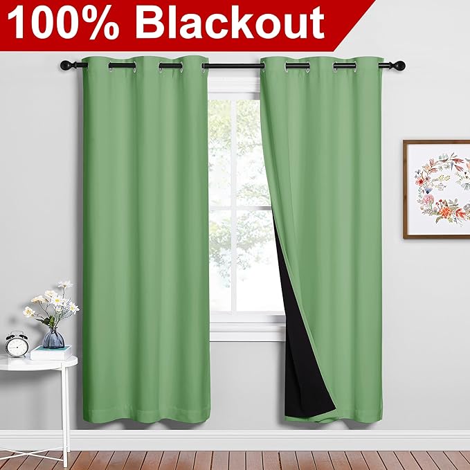 NICETOWN 100% Blackout Window Curtain Panels, Forest Green, 2 Pieces, 42-inch Wide Per Panel, Full Light Blocking Drapes with Black Liner for Nursery, 72-inch Drop Thermal Insulated Draperies