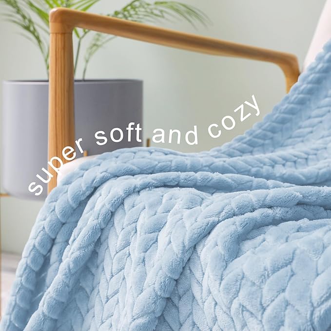 Exclusivo Mezcla Fleece Throw Blanket for Couch and Bed, 50x70 Inches Soft Cozy Jacquard Flannel Blankets, Lightweight Fuzzy Plush Warm Throws for Women, Light Blue