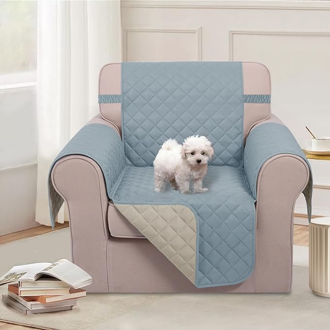 U-NICE HOME Reversible Oversized Chair Covers Quilted Water Repellent Pet Protectors with Elastic Straps(28''Armchair, Light Blue/Beige)