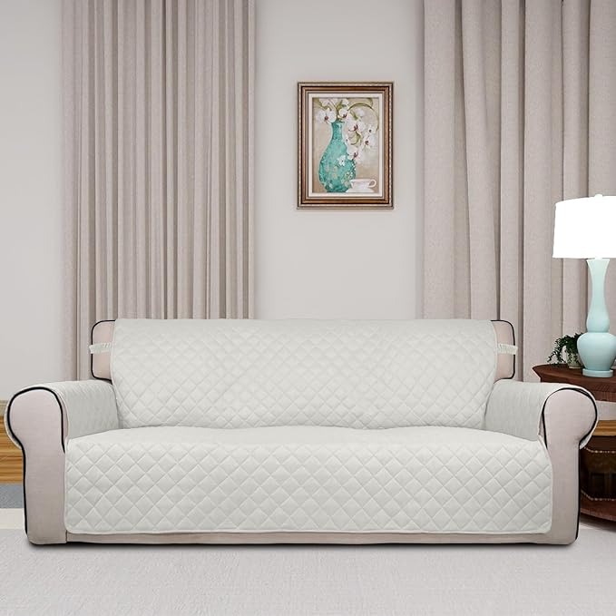 PureFit Reversible Quilted Sofa Cover, Water Resistant Slipcover Furniture Protector, Washable Couch Cover with Non Slip and Elastic Straps for Kids, Pets (Oversized Sofa, Ivory/Ivory)