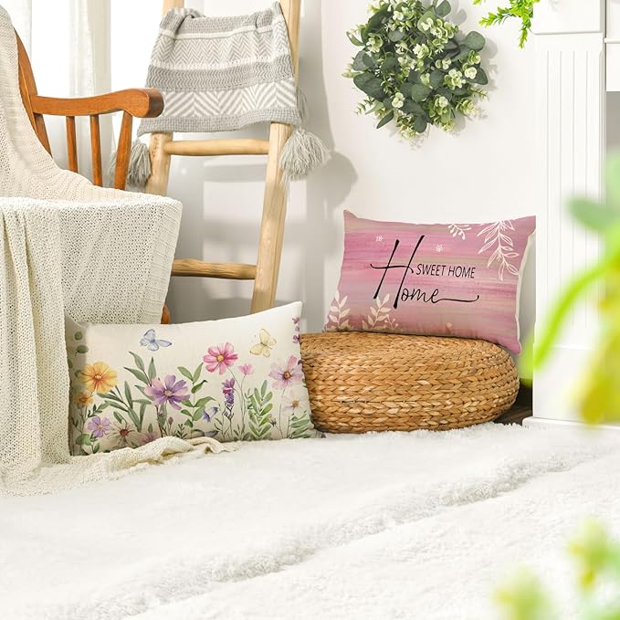 AVOIN colorlife Spring Saying Flowers Butterfly Pink Throw Pillow Covers, 12 x 20 Inch Home Sweet Home Cushion Case for Sofa Couch Set of 4