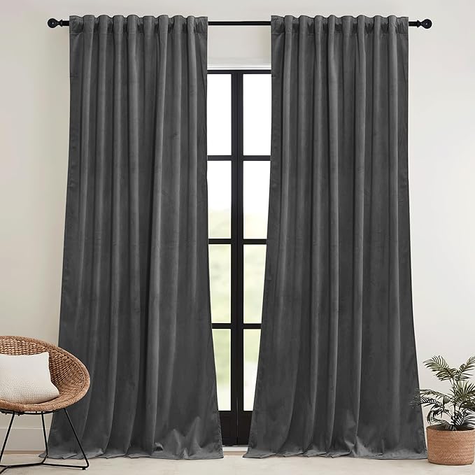 RYB HOME Grey Velvet Curtains 90 inches - Super Soft Blackout Curtains Thermal Insulated Drapes Heat Block Room Darkening Panels for Bedroom/Studio, Wide 52 x Long 90, Grey, 2 Panels