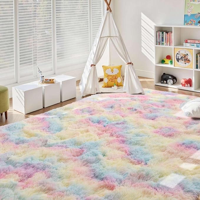 6x9 Ft Large Shag Kids Colorful Rug for Living Room, Ultra Soft Fluffy Furry Area Rugs for Nursery Bedroom Indoor Floor, Girls Aesthetic Carpet Home Decor (Rainbow)