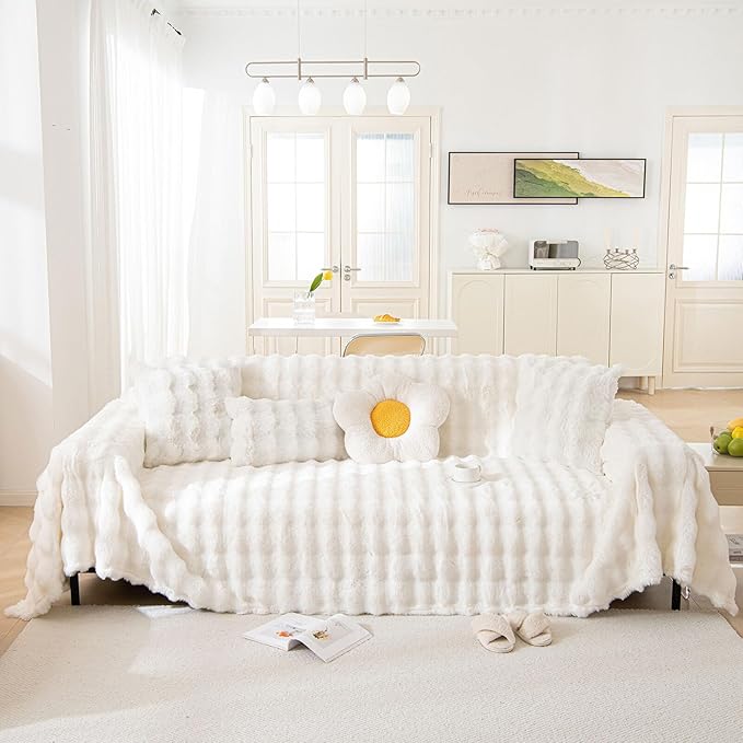 HANDONTIME White Sofa Covers Dog Couch Cover Rabbit Plush L Shaped Couch Covers Faux Fur Sofa Slipcovers for 3 Seat Cushion Couches Shaggy Couch Cover Blanket Washable Thick Soft, 71" X150"