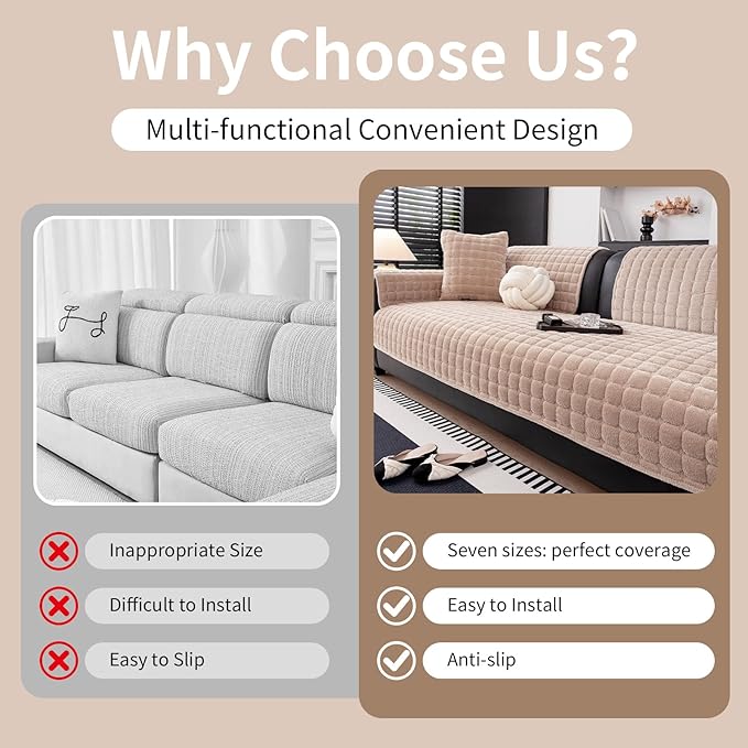 Velvet Couch Cover, Washable Sectional Sofa Cover, Anti Slip Sofa Slipcover for 3 Cushion Couch Sofa L Shaped Armrest Backrest, Furniture Protector Covers for Pets Kids(Khaki, Only 1 PCS)