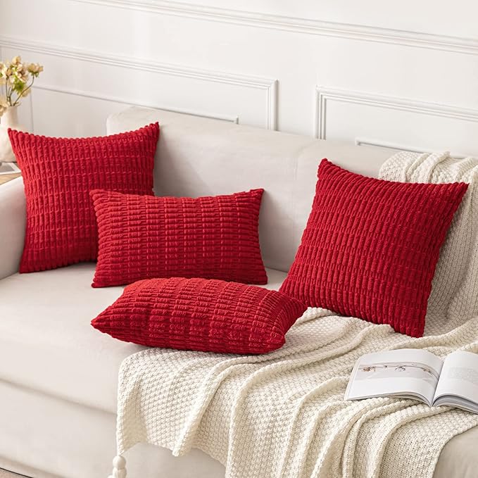 MIULEE Pack of 2 Red Corduroy Decorative Euro Sham Pillow Covers 24x24 Inch Soft Boho Striped Throw Pillow Covers Modern Farmhouse Home Decor for Sofa Living Room Couch Bed