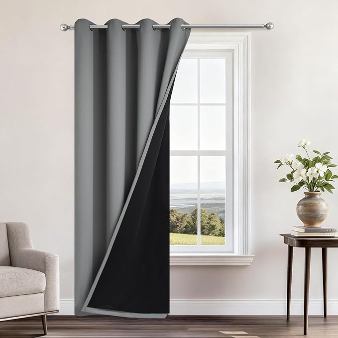 Yakamok 100% Blackout Curtains 84 Inches Long, 2 Thick Layers Heat and Full Light Blocking Soft Thermal Insulated Drapes for Bedroom(52" Wide Each Panel, Grey, 1 Panel)