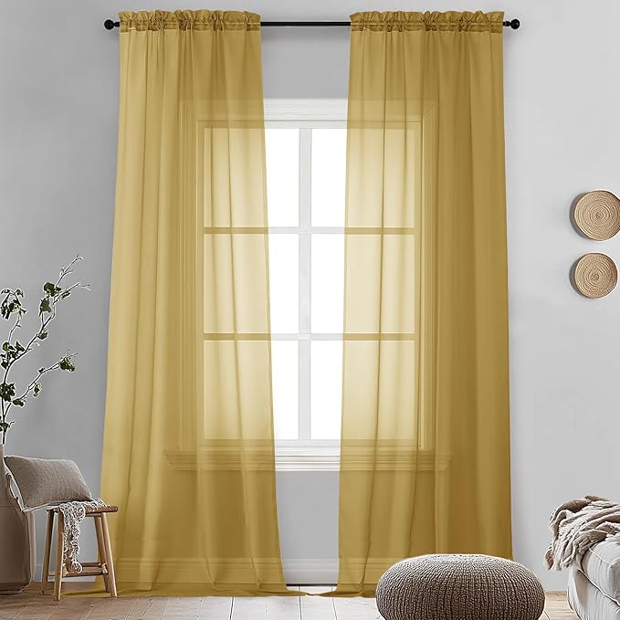 OVZME Gold Sheer Curtains 96 Inches Long 2 Panels - Soft Light Filtering Window Sheer Panels for Living Room/Bedroom, Top Dual Rod Pocket, 1 Pair, Each 42Wx96L Inches