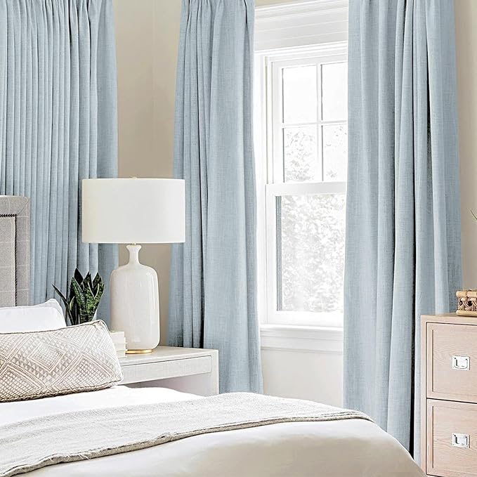 MIULEE 100% Blackout Linen Textured Curtains for Bedroom Solid Thermal Insulated Chambray Blue Grommet Room Darkening Curtains & Drapes Luxury Decor for Living Room Nursery 52 x 96 Inch (2 Panels)