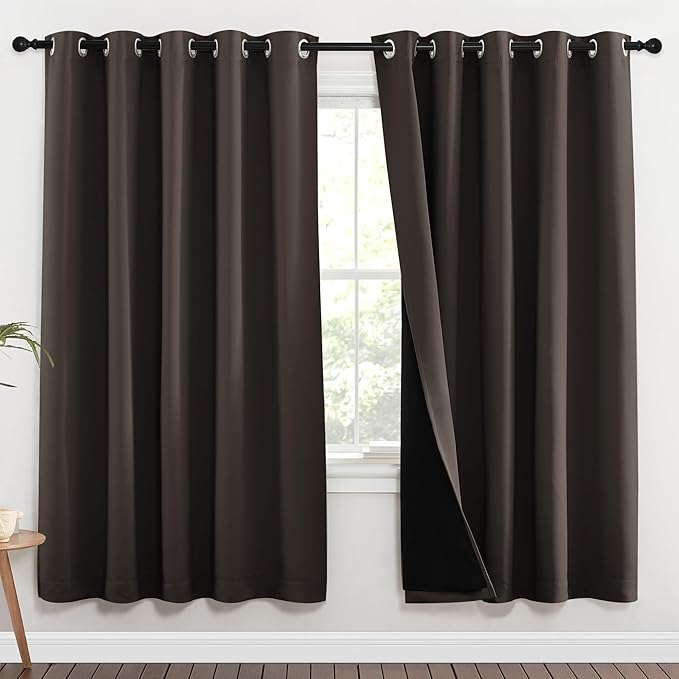 NICETOWN 100% Blackout Window Curtain Panels, Brown, 2 Pieces, 70-inch Wide Per Panel, Full Light Blocking Drapes with Black Liner for Nursery, 72-inch Drop Thermal Insulated Draperies