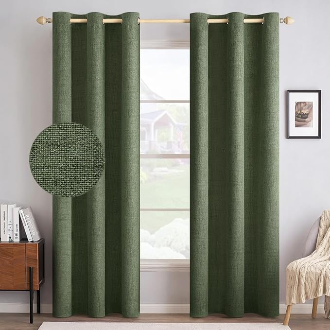 MIULEE 100% Blackout Linen Textured Curtains for Bedroom Solid Thermal Insulated Olive Green Grommet Room Darkening Curtains & Drapes Luxury Decor for Living Room Nursery 42 x 90 Inch (2 Panels)