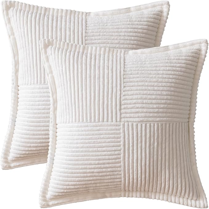 MIULEE Decorative Euro Sham Throw Pillow Covers for Couch Bed Livingroom 24x24 Inch Set of 2 White Boho Accent Throw Pllows Broadside Striped Patchwork Soft Corduroy Pillowcases