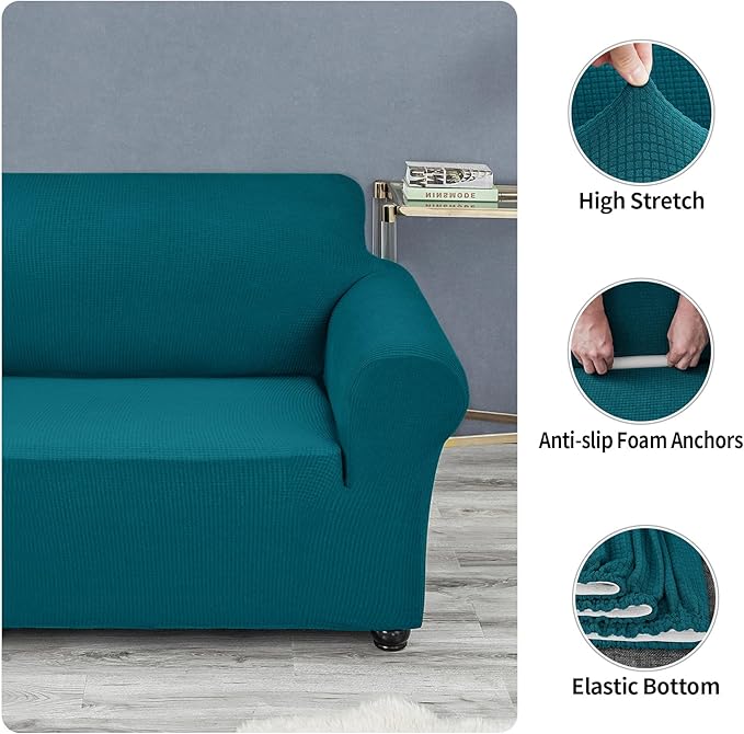 Joccun Stretch Loveseat Couch Cover, 1-Piece Sofa Cover for 2 Cushion Couch Spandex Jacquard Washable Furniture Protector Cover for Living Room,Kids,Pets（Loveseat,Peacock Blue）