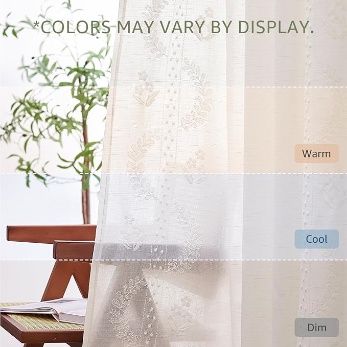 jinchan Belrose Linen Curtains for Bedroom Floral Curtains 84 Inch Length Linen Blend White Embroidered Drapes Farmhouse Flower Patterned Drapes for Living Room Window Treatments Set 2 Panels
