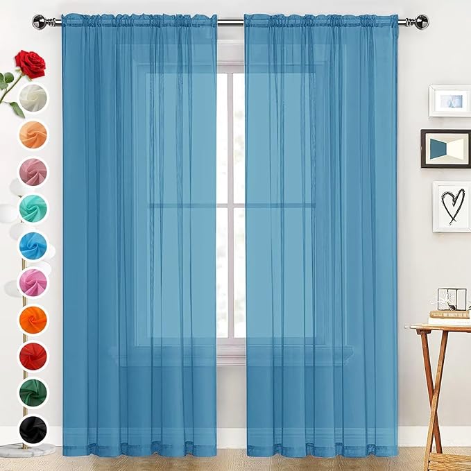 SpaceDresser Basic Rod Pocket Sheer Voile Window Curtain Panels Blue 1 Pair 2 Panels 52 Width 108 Inch Long for Kitchen Bedroom Children Living Room Yard（Blue, 52W x 108L）