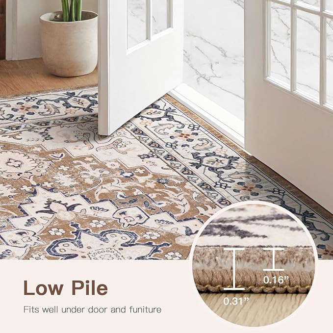Lofus 4x6 Area Rugs for Living Room, Washable Area Rug, Rugs for Bedroom, Kitchen, Vintage Boho Carpet, Soft Non-Slip, Low Pile Large Area Rug for Office Dining Room, Floral Brown