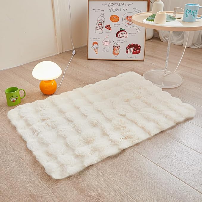 Creamy White Rabbit Plush Rug 2'x3', Fluffy Faux Fur Shaggy Area Rug for Nursery, Kids Room Decor, Soft Fuzzy Carpet for Living Room, Bedroom, Teen Girls Room