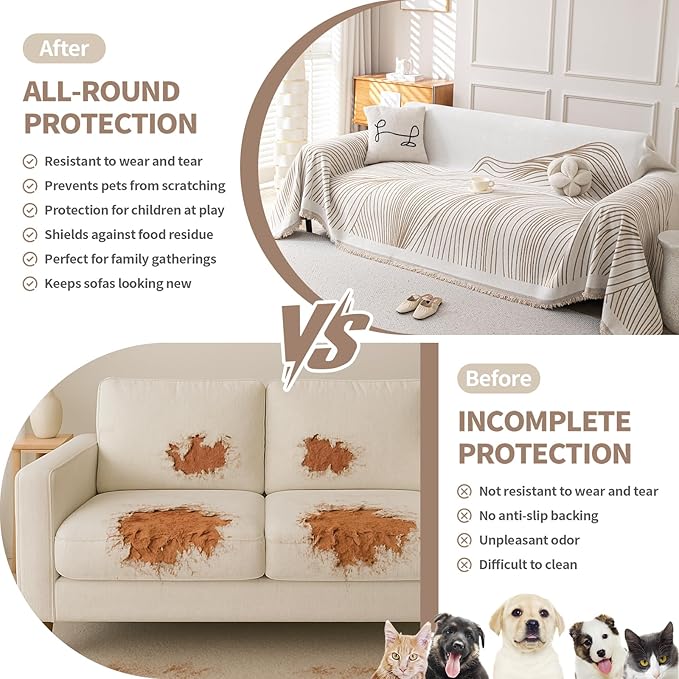 Boho Chenille Couch Cover for Dogs, Non Slip Sofa Cover, Couch Slipcover Covers for 3 Cushion, Furniture Protector with Tassels for Pets Washable, 71"x118", Curved Lines Beige