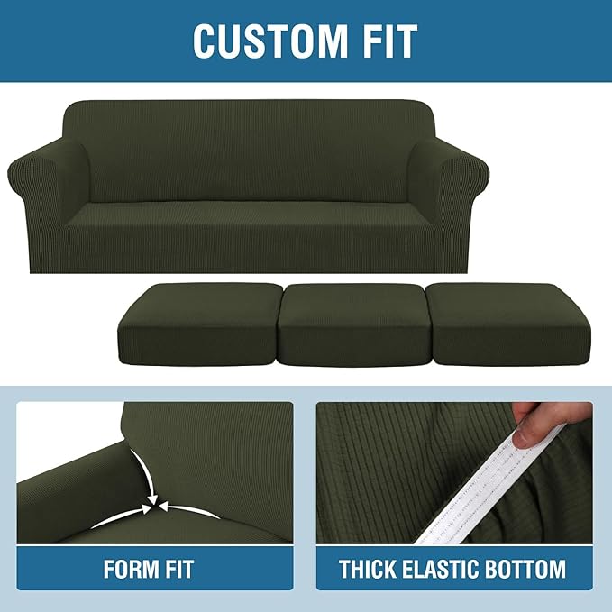 H.VERSAILTEX 4 Piece Stretch Sofa Covers for 3 Cushion Couch Furniture Slipcovers for Living Room (1 Base Cover Plus 3 Seat Cushion Covers) Jacquard Fabric Cover (XL Sofa, Olive)