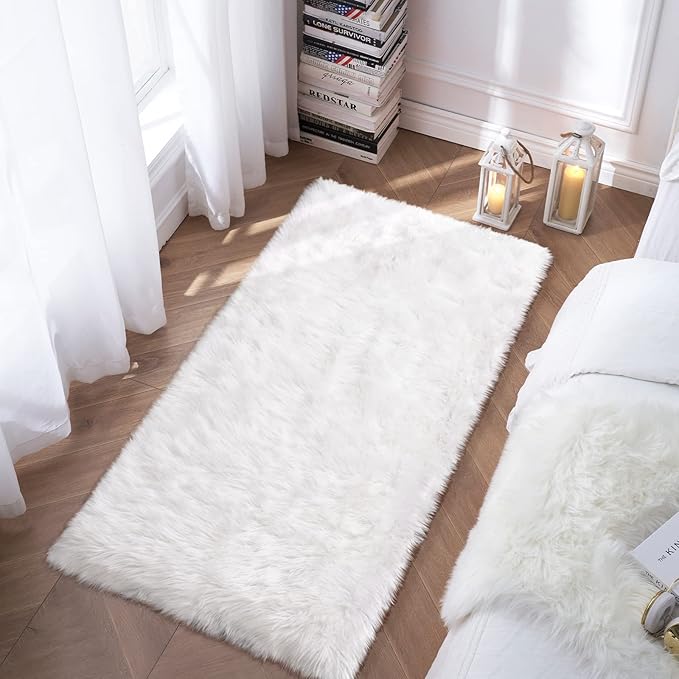 Faux Fur Rug, White Small Fluffy Rug for Sofa Chair Couch Cover 2x4 Feet, Ultra Soft Fuzzy Shag Rug for Bedroom, Indoor Shaggy Plush Floor Carpets Luxury Home Decor for Bedside