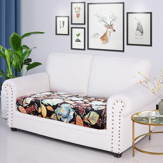 hyha Printed Couch Cushion Covers, Floral Sofa Covers Washable for 2 Cushion Couch, Stretch Pattern Outdoor Cushion Covers for Patio Furniture with Elastic Bottom(Medium, Floral)
