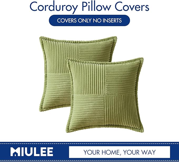 MIULEE Spring Decorative Throw Pillow Covers for Couch Bed Livingroom 18x18 Inch Set of 2 Green Boho Accent Throw Pllows Broadside Striped Patchwork Soft Corduroy Summer Pillowcases